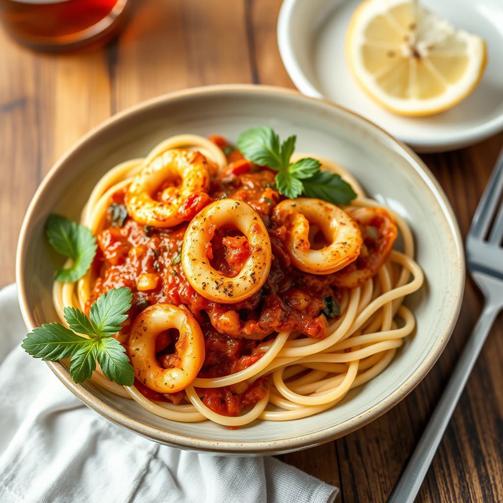 Pannestekt kalamari med krydret marinara over linguine