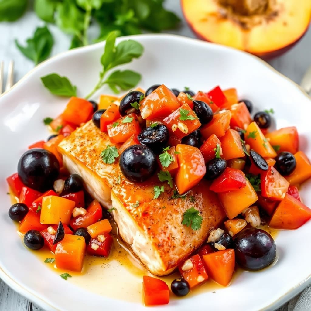 Pannestekt laks med svart plomme, fersken og tomatsalsa