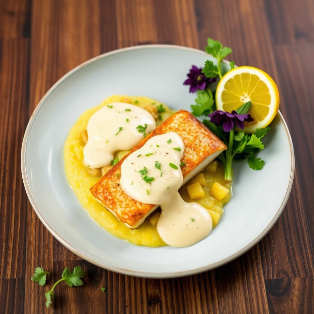 Pannestekt Mahi Mahi med plantain-mofongo og pasjonsbuerre blanc