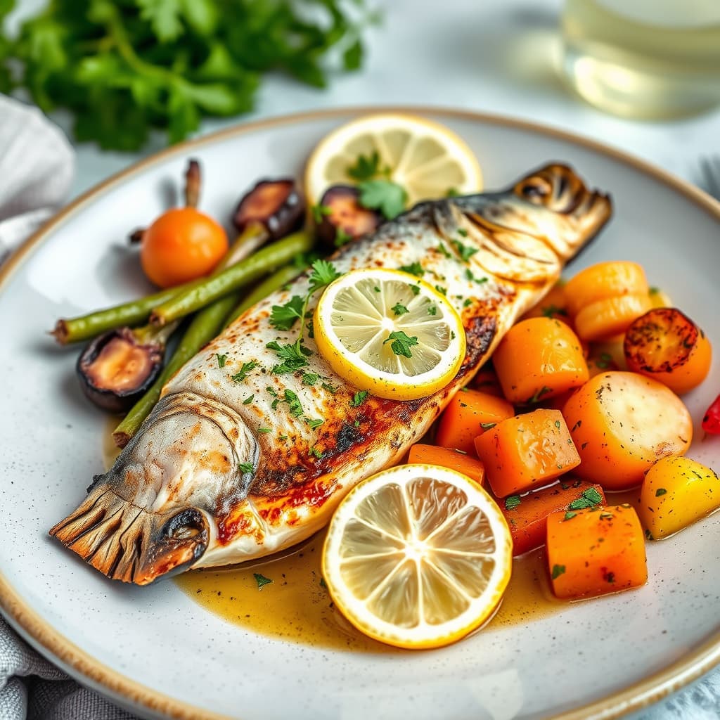 Pannestekt ørret med sitron og persille, servert med grønnsaksrøtter fra hagen