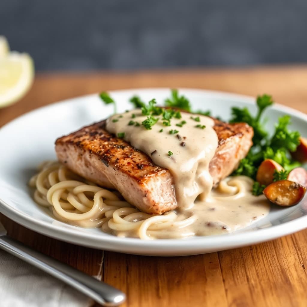 Pannestekt tunfisk med ingefær- og shiitakesaus