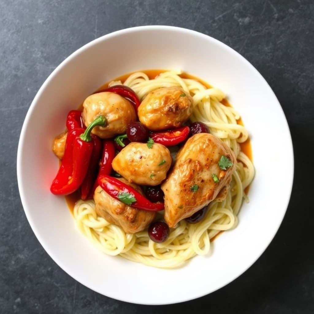 Panstekt kylling med braisert saus og hete kirsebærpepper