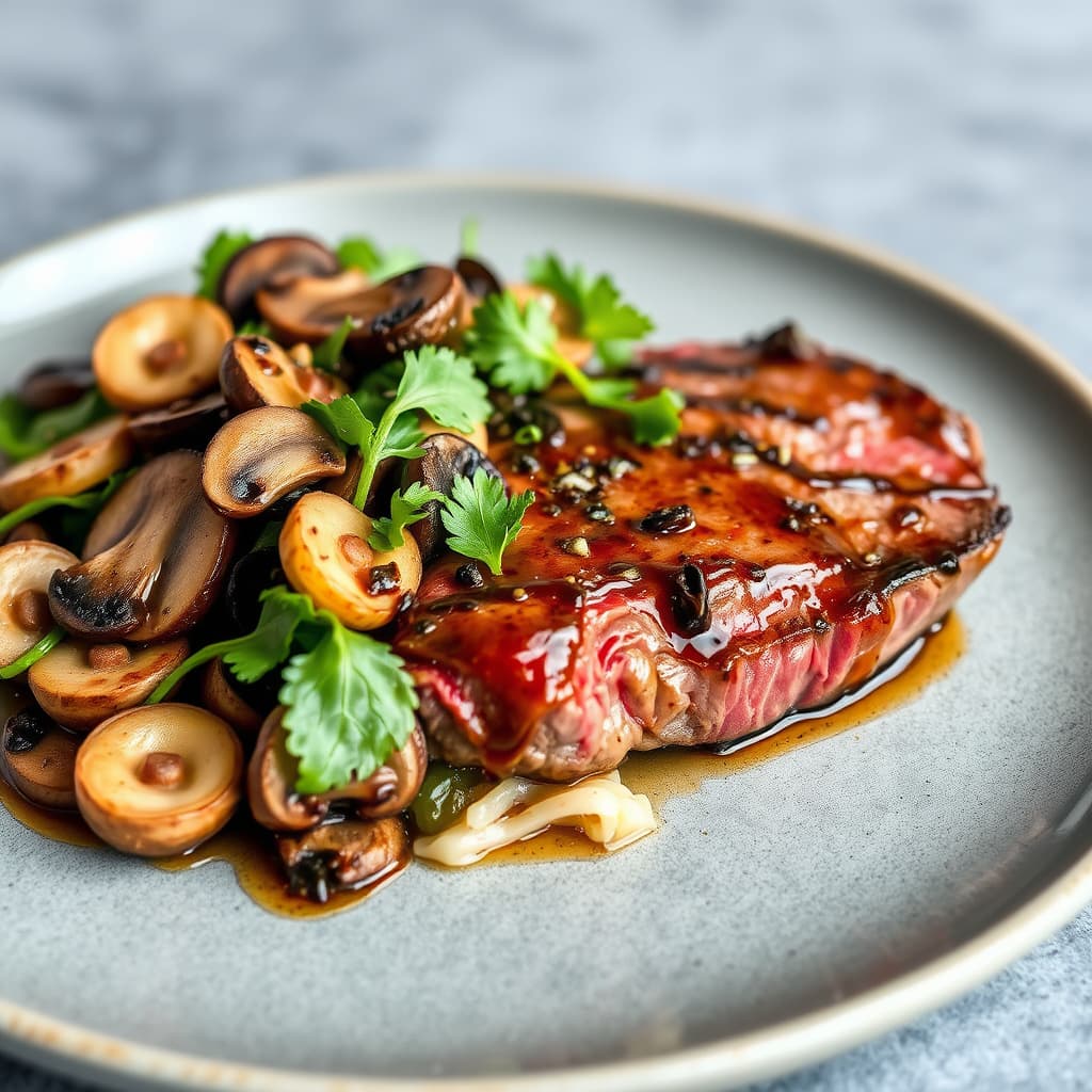 Panstekt oksefilet med krydret rom- og sort pepperglasur og vill soppsalat