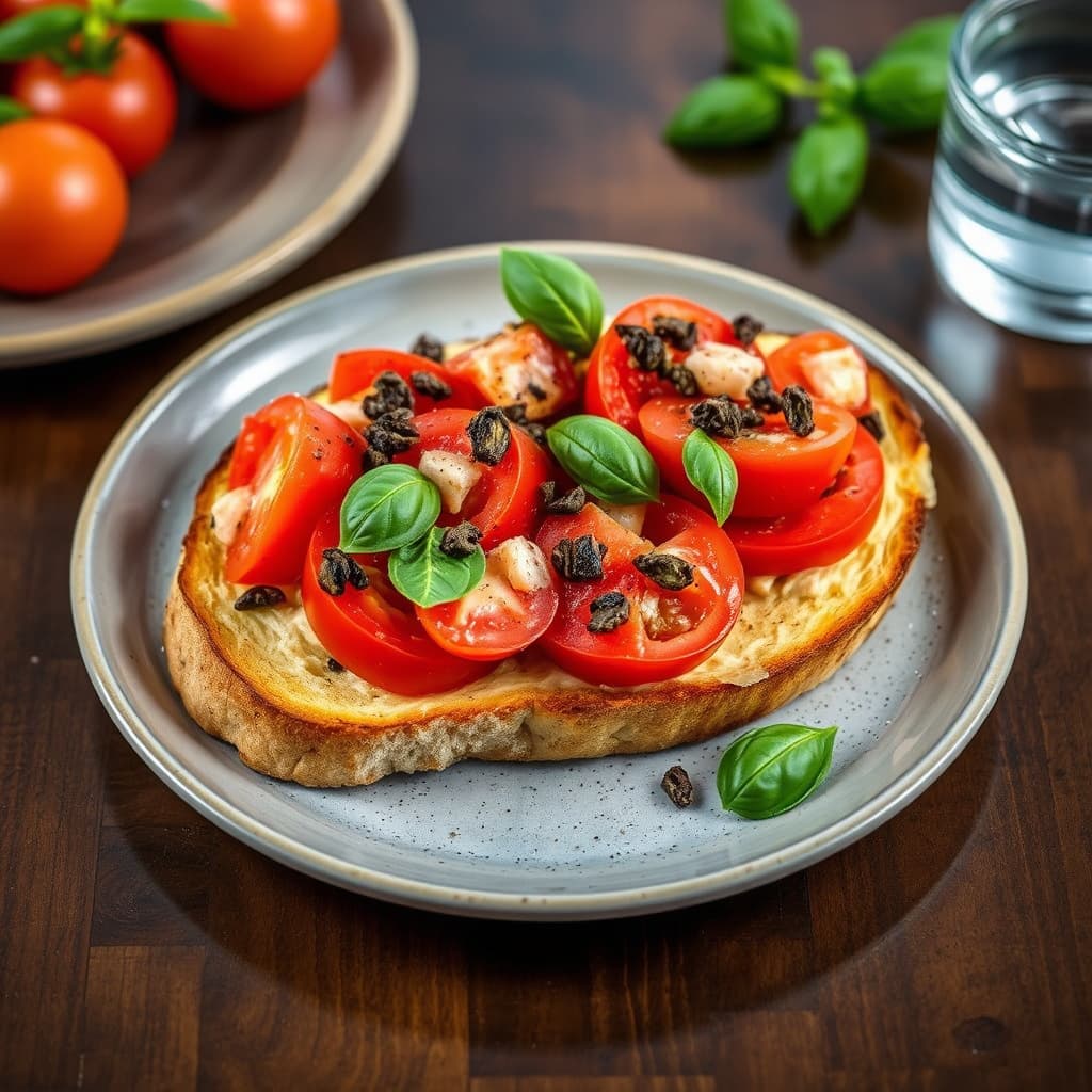 Panzanella tomatbrød med sprø kapers og basilikumblader
