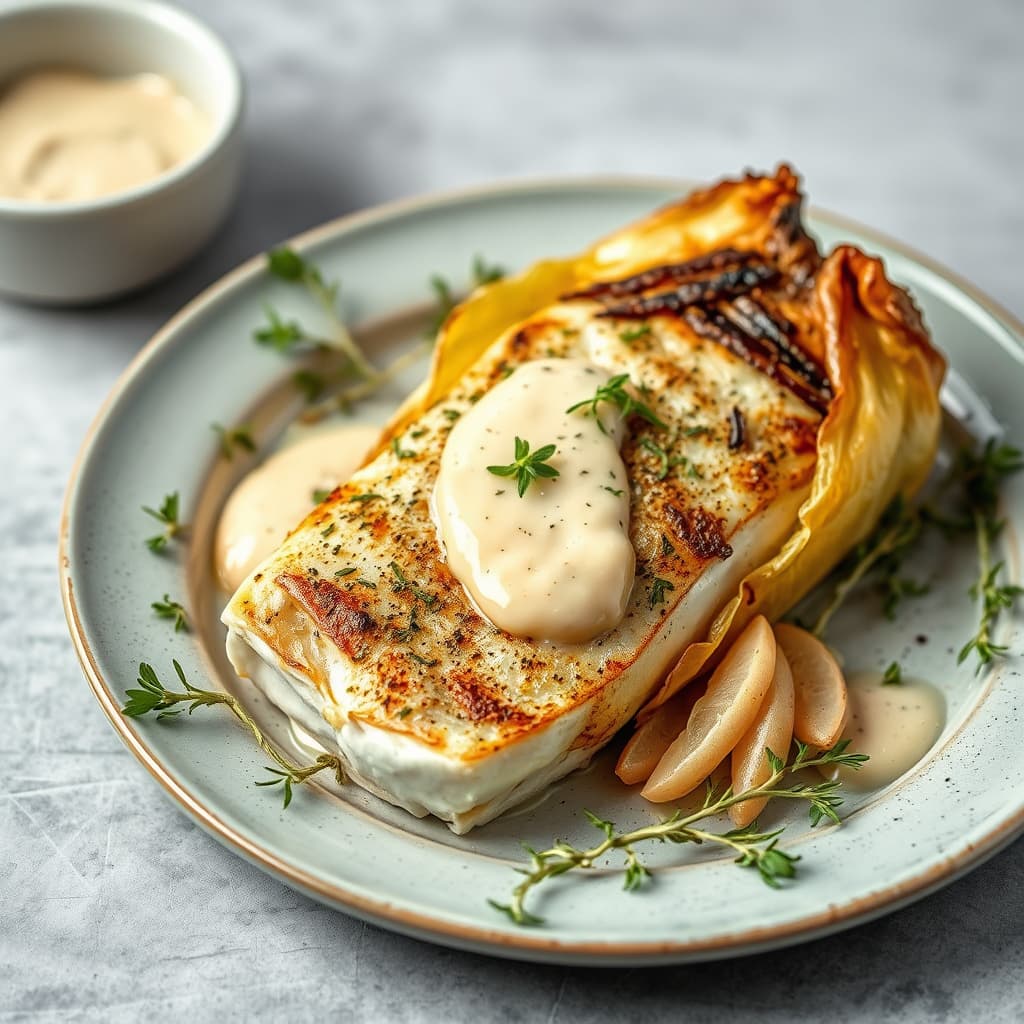 Papillote av stripet torsk med urter og rask aioli