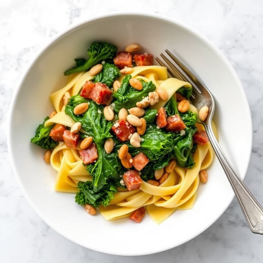 Pappardelle med pancetta, brokkoli rabe og pinjekjerner