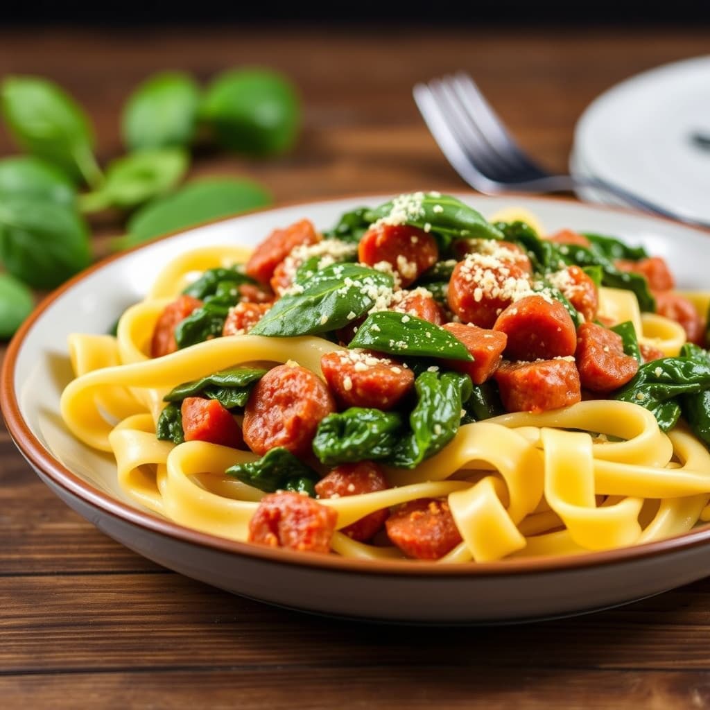 Pappardelle med pølse og spinat