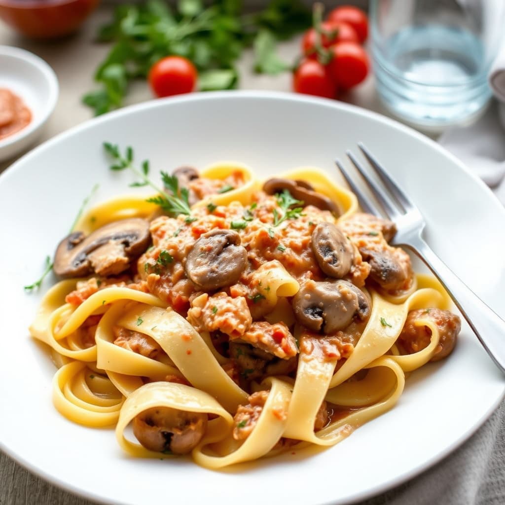 Pappardelle med sopp og tomatsaus med krem