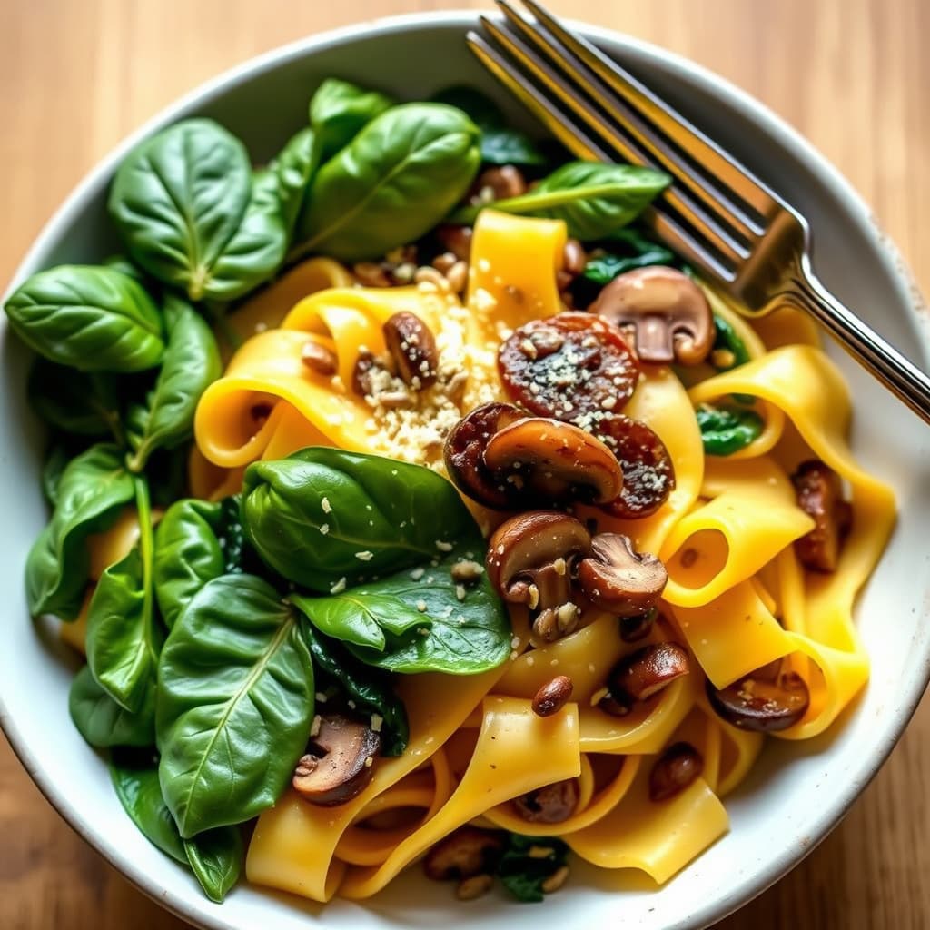 Pappardelle med squash, sopp og spinat