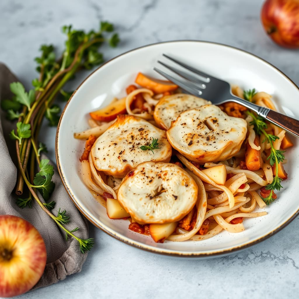 Paprikastekt svinekjøtt med scallopini, surkål og epler