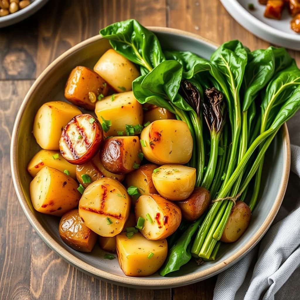 Par 3 Poteter med grillede babybok choy