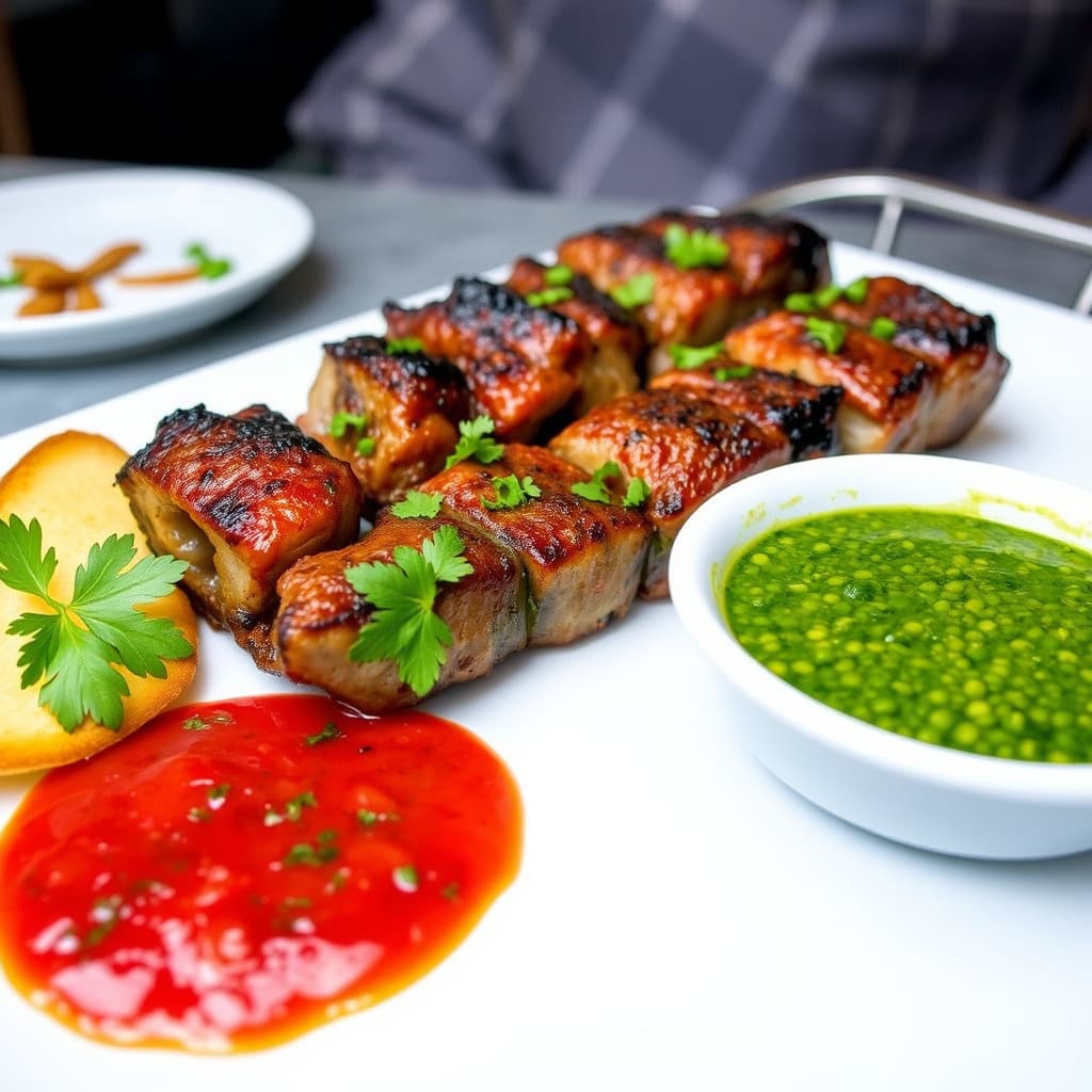 Parrillada Argentina med røde og grønne chimichurri-sauser