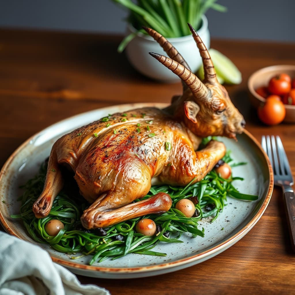 Påskegeiten stekt på en seng av vårløkgrønne