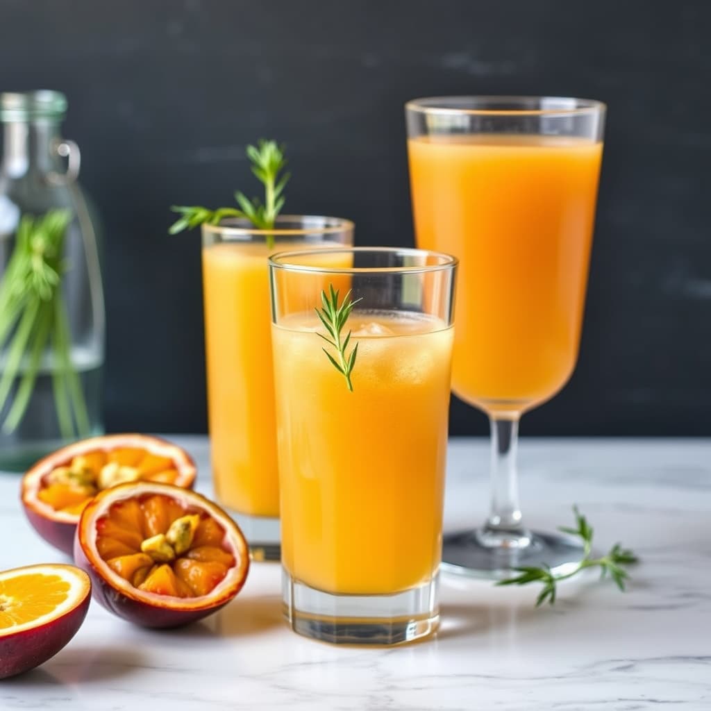 Passjonsfrukt- og appelsinjuice-shots med tilsetning av estragon