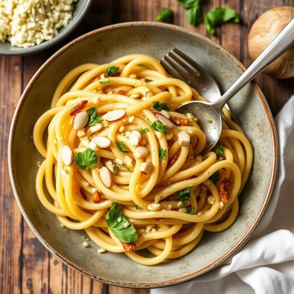 Pasta i mandel- og hvitløksaus