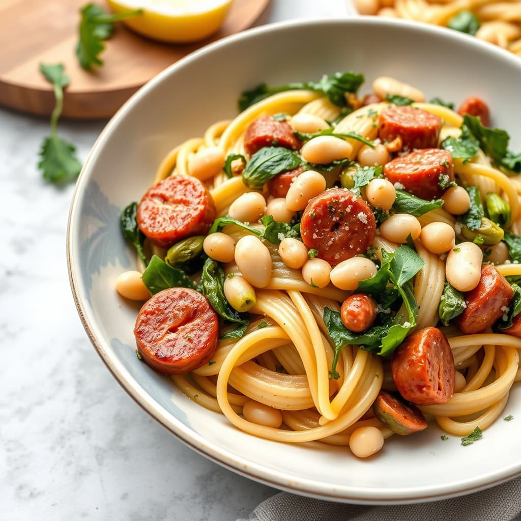 Pasta med escarole, hvite bønner og kyllingpølse