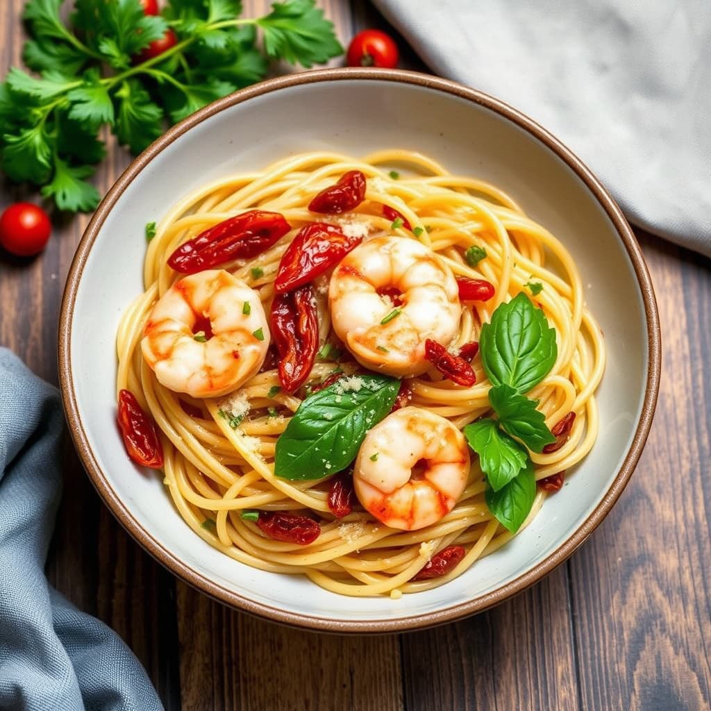 Pasta med krydrede reker og soltørkede tomater