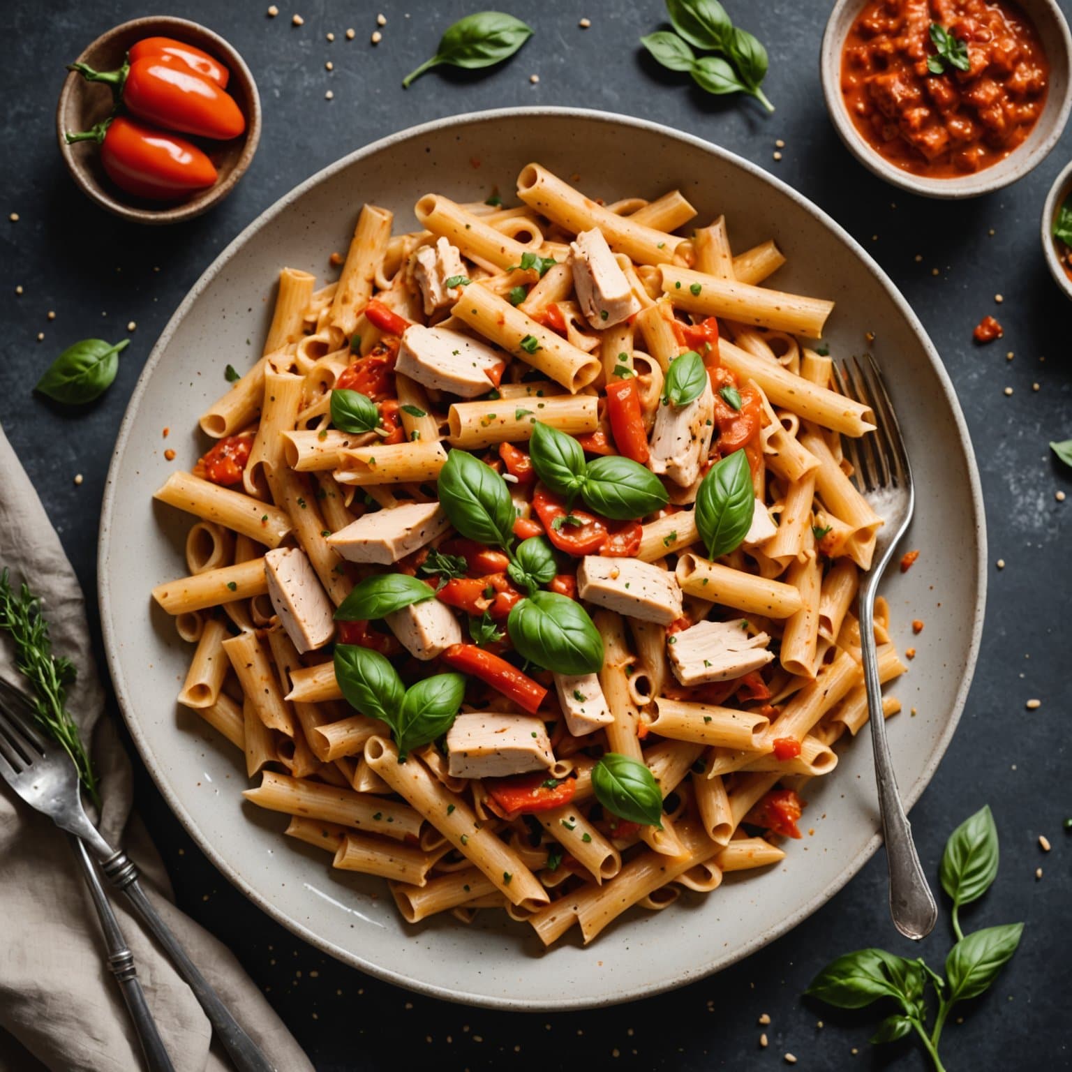 Pasta med kylling og kremsaus av ovnsbakt paprika (lett)