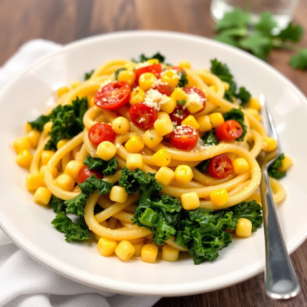 Pasta med mais og grønnkål