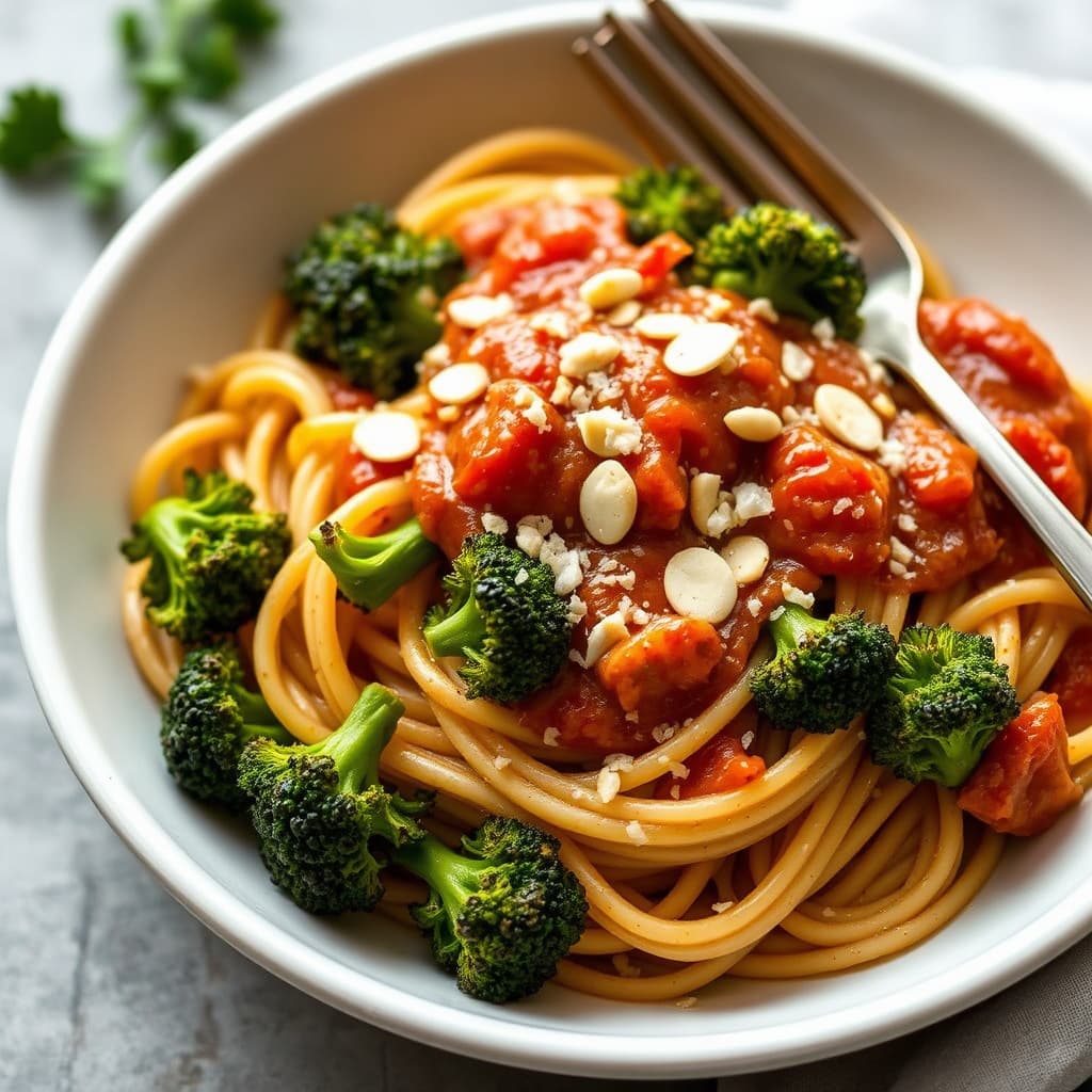 Pasta med ovnsbakt brokkoli og mandel-tomattsaus