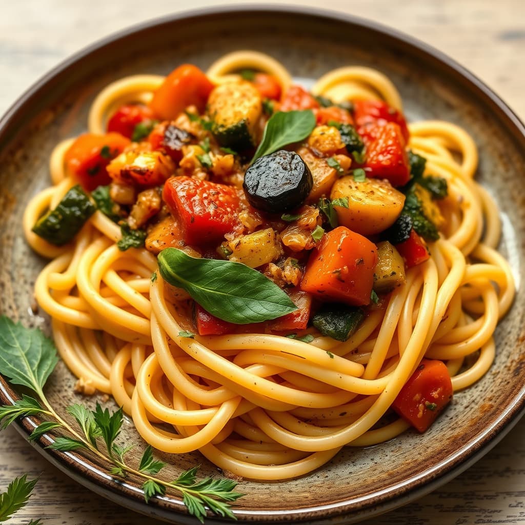 Pasta med ovnsbakt provencalsk grønnsakssaus