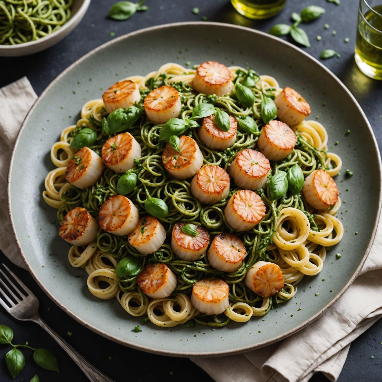 Pasta med pesto og kamskjell