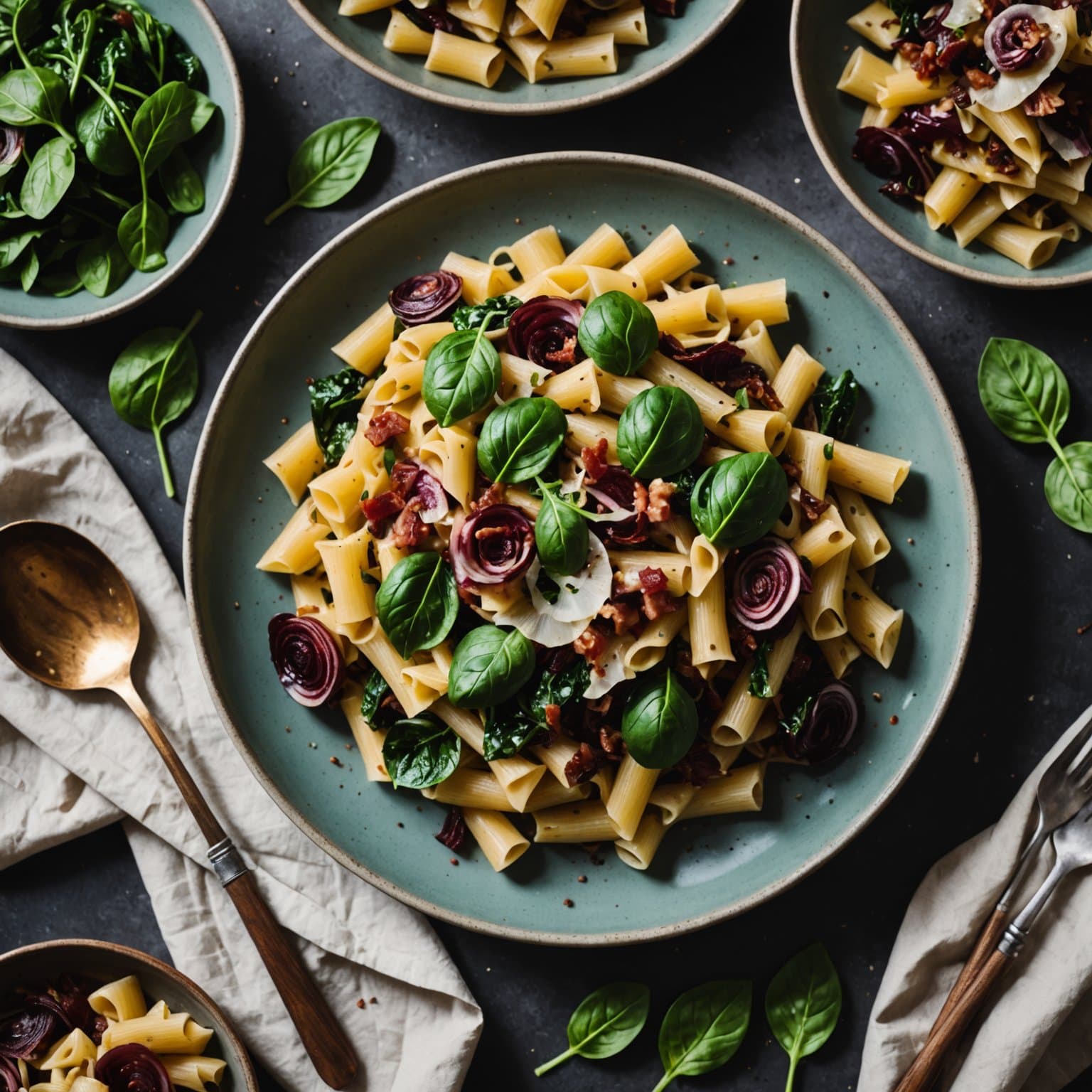 Pasta med radicchio, bacon og spinat
Dampede artisjokker