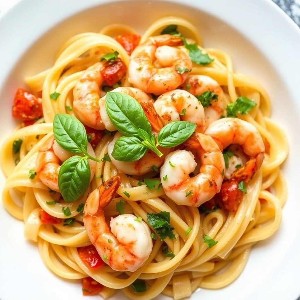 Pasta med reker og basilikumvinaigrette