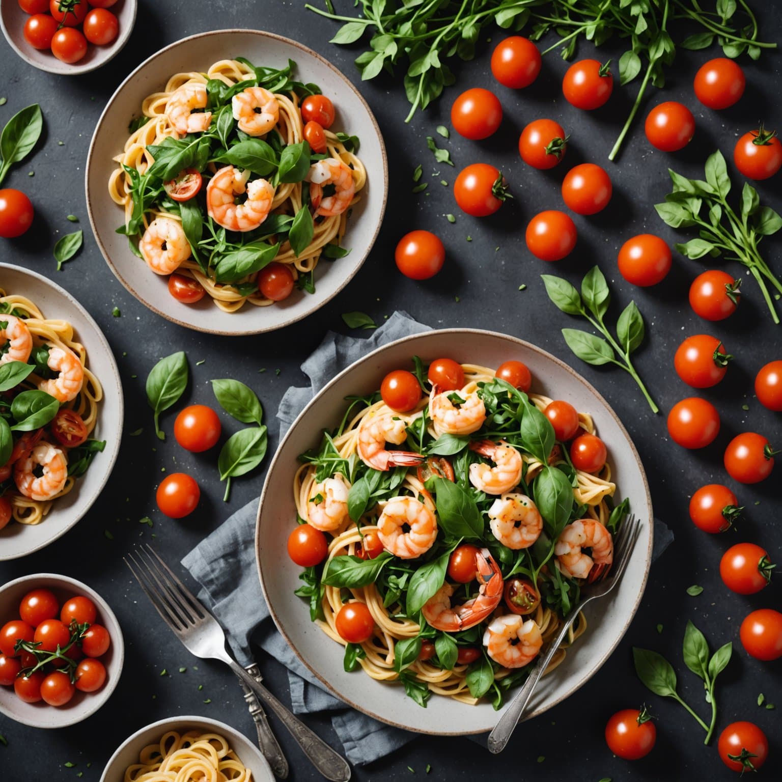 Pasta med reker, tomater og ruccola