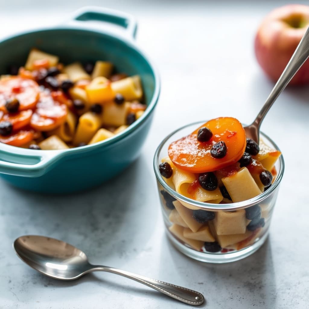Pasta med rosiner og pudding, toppet med karamellisert eple