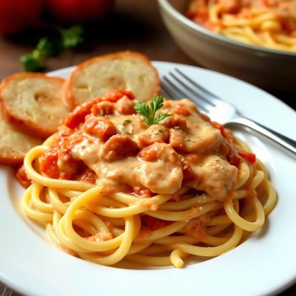 Pasta med tomatsaus og kremet saus