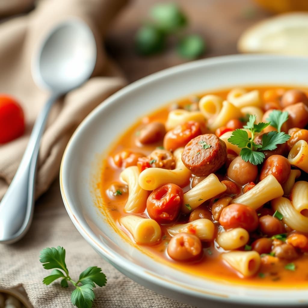 Pasta-, pølse- og bønnesuppe