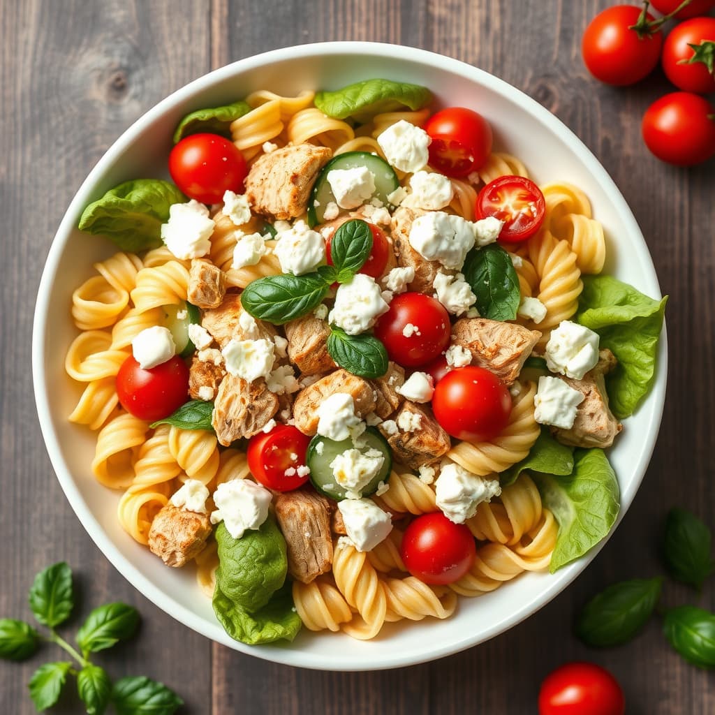 Pasta salat med kylling, agurk, cherrytomater og fetaost
