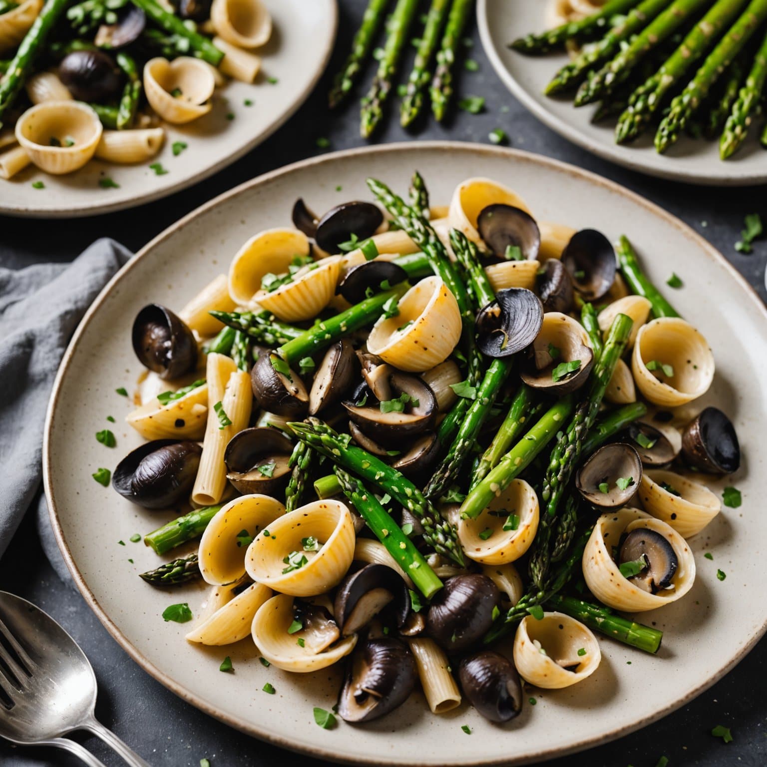 Pasta skjell med portobelloburgere og asparges i Boursin-saus