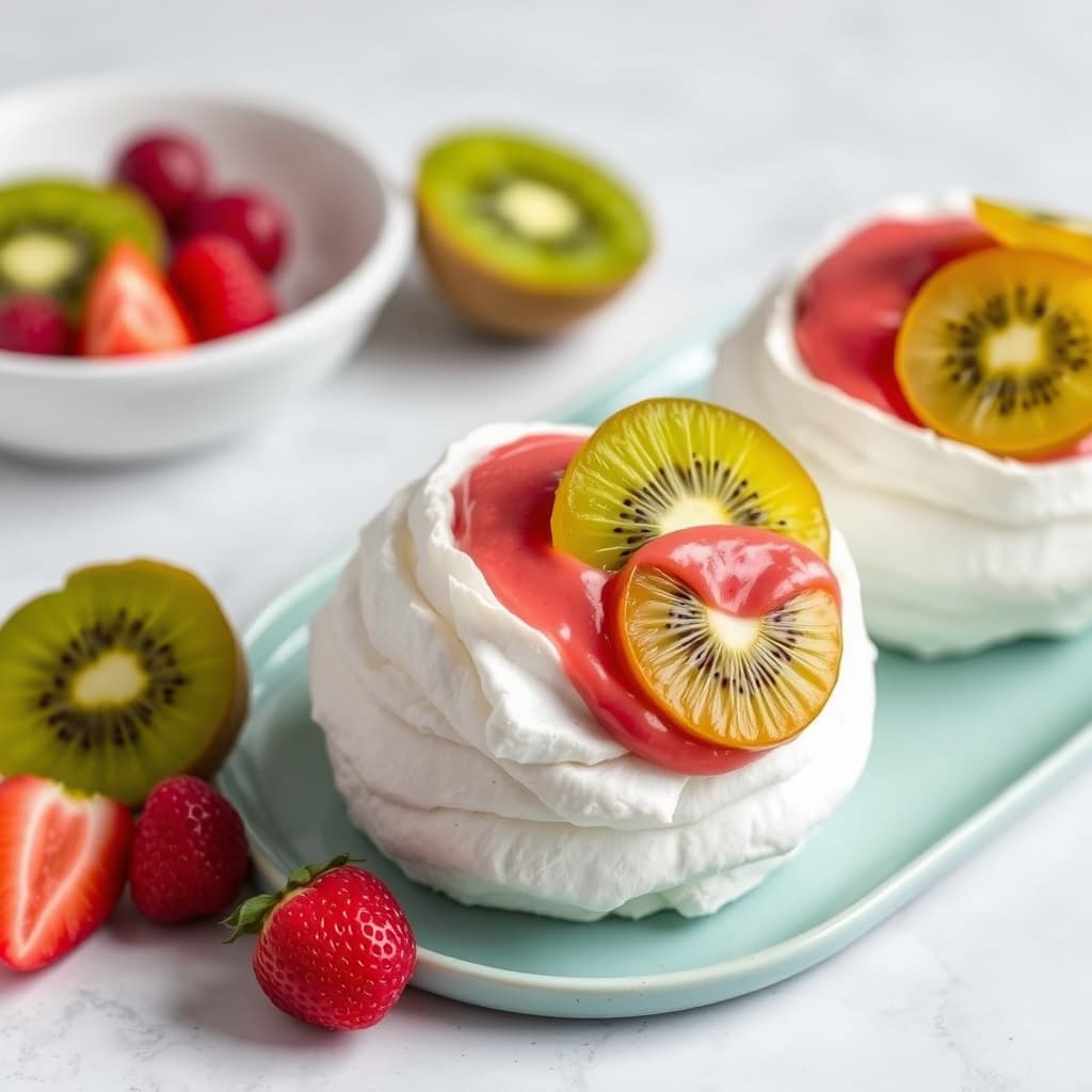 Pavlova med Kir Royale-sorbet og kiwier