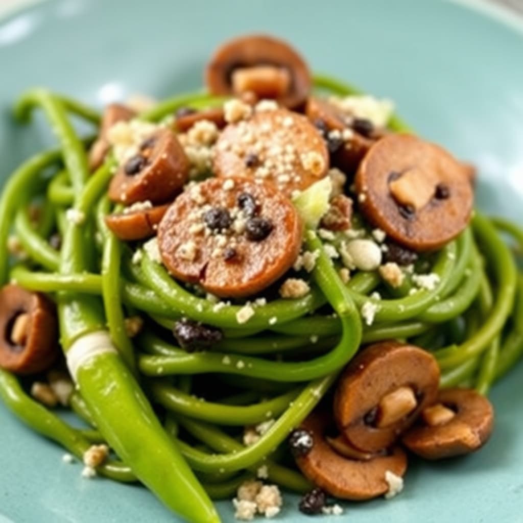 Pea-tendres med crimini-sopp og purre