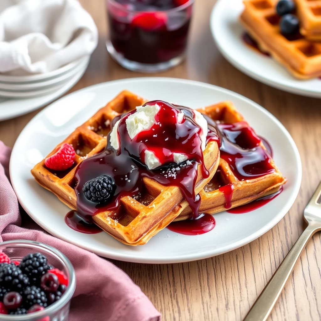Peanøttsmør-fransk toast "vafler" med blandet bærsaus
