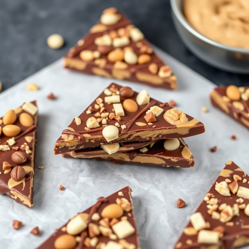 Peanøttsmør- og sjokoladebark i trekantform