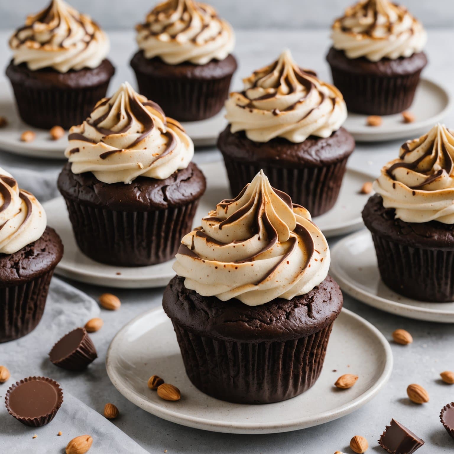 Peanøttsmørcupcakes med sjokoladekopper og ristet peanøttsmør-mascarponekrem