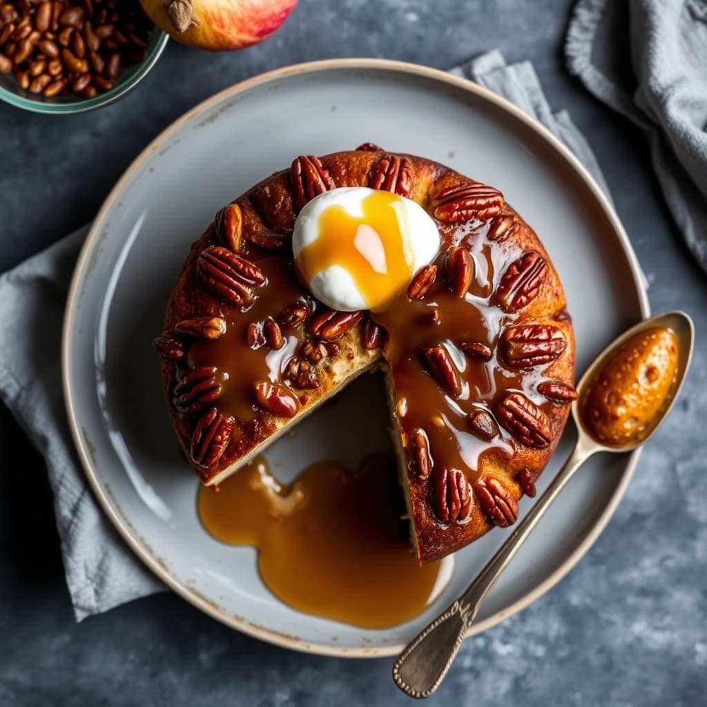 Pekan-yogurt eplekake med stjerneanis-karamellsaus