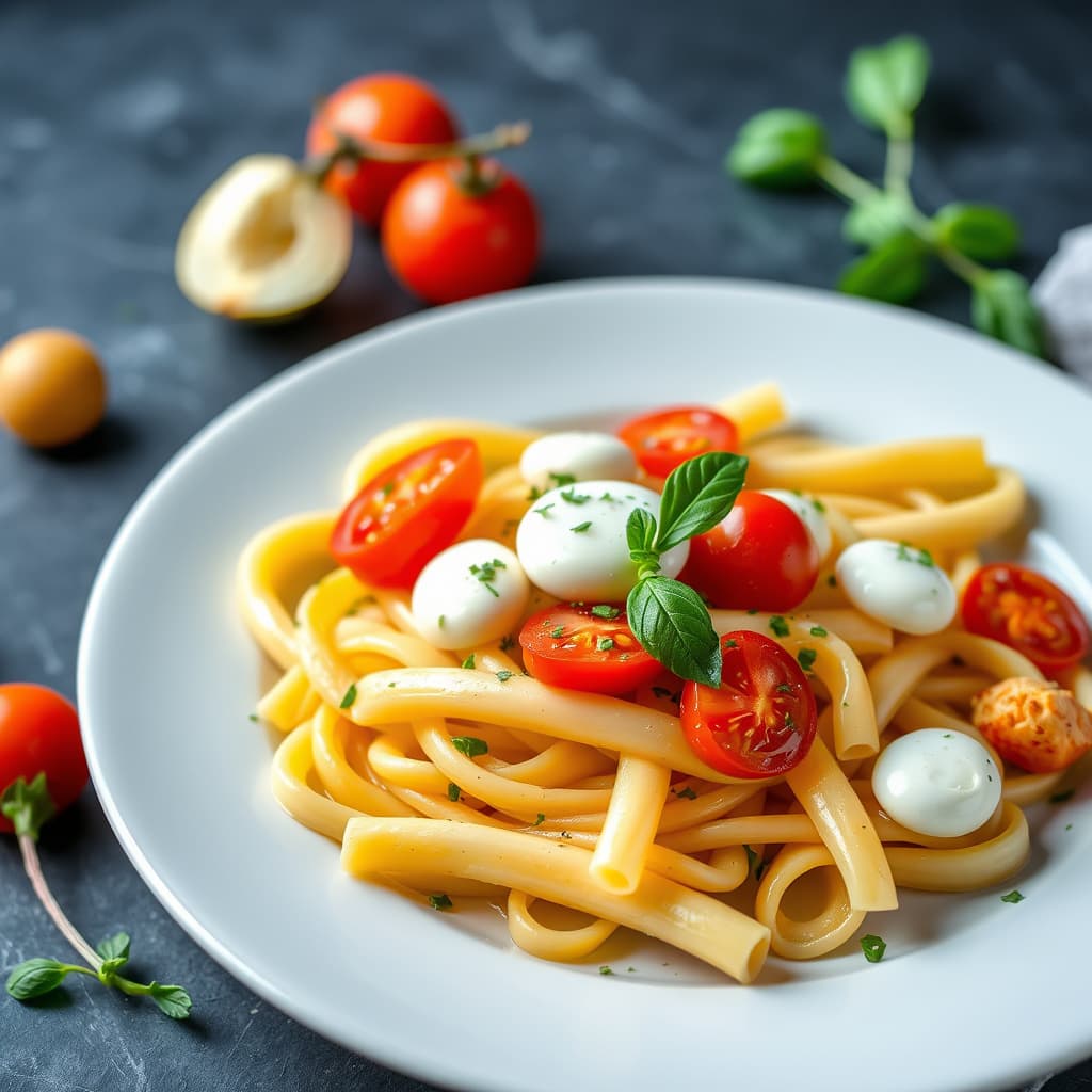 Penne med baby-mozzarella, tomater og urter