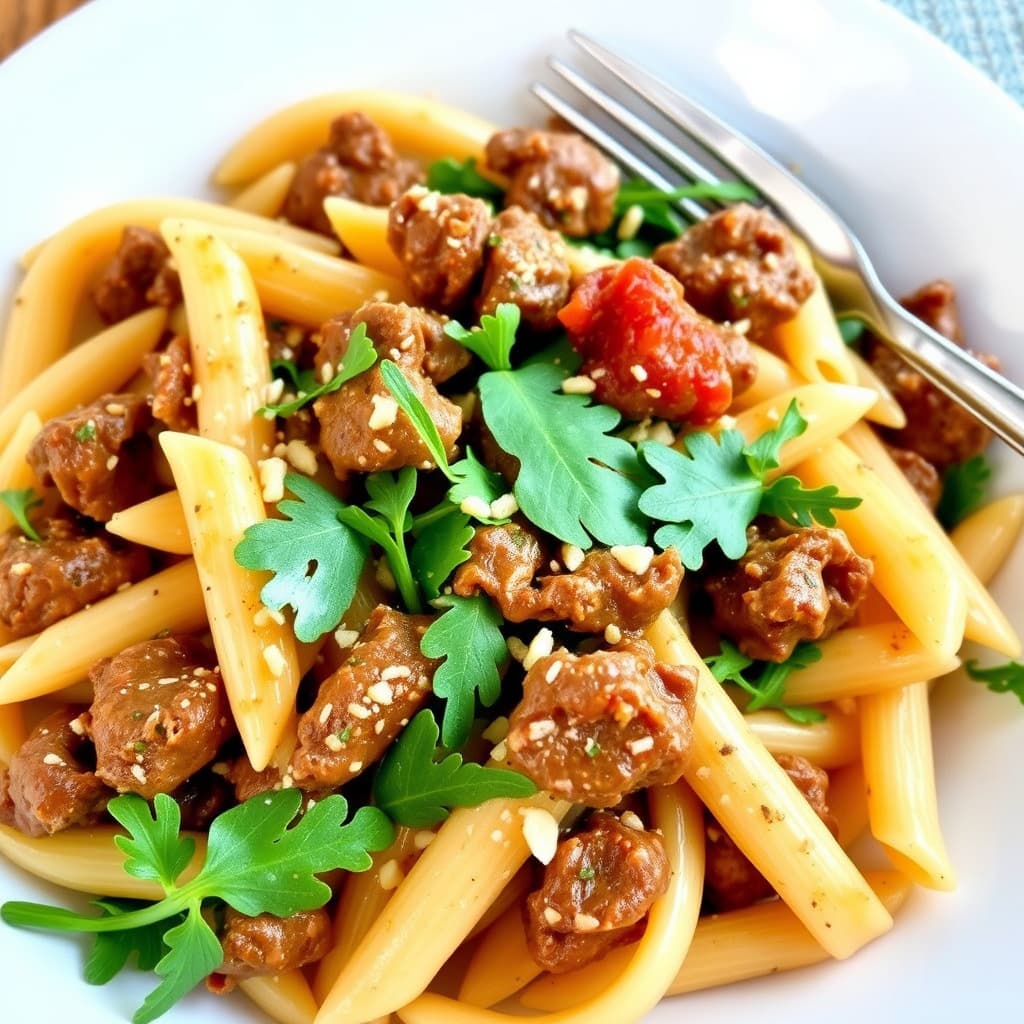 Penne med biff og ruccola