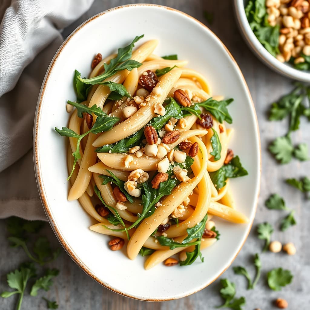 Penne med brunt smør, ruccola og pinjekjerner