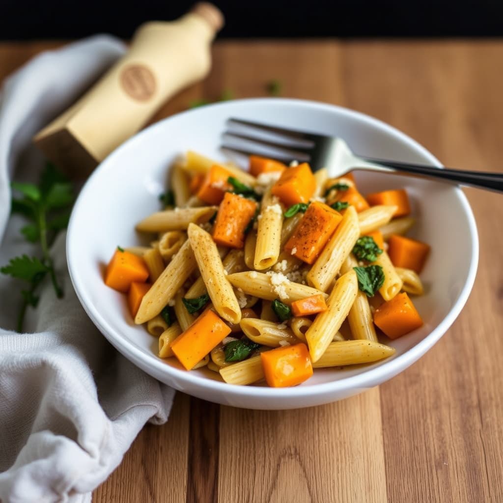 Penne med hvitløksrik butternut squash