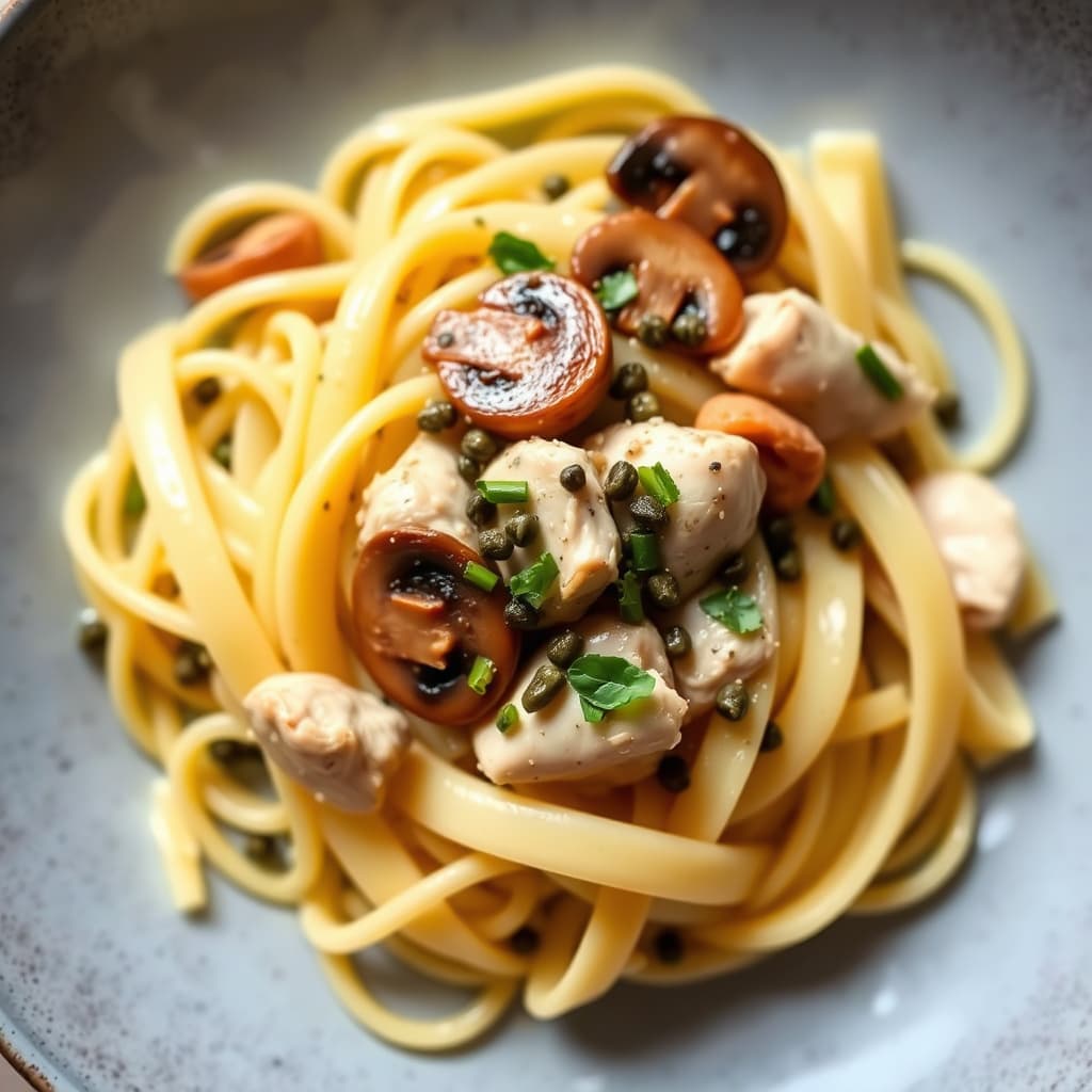 Penne med kylling, shiitakesopp og kapers