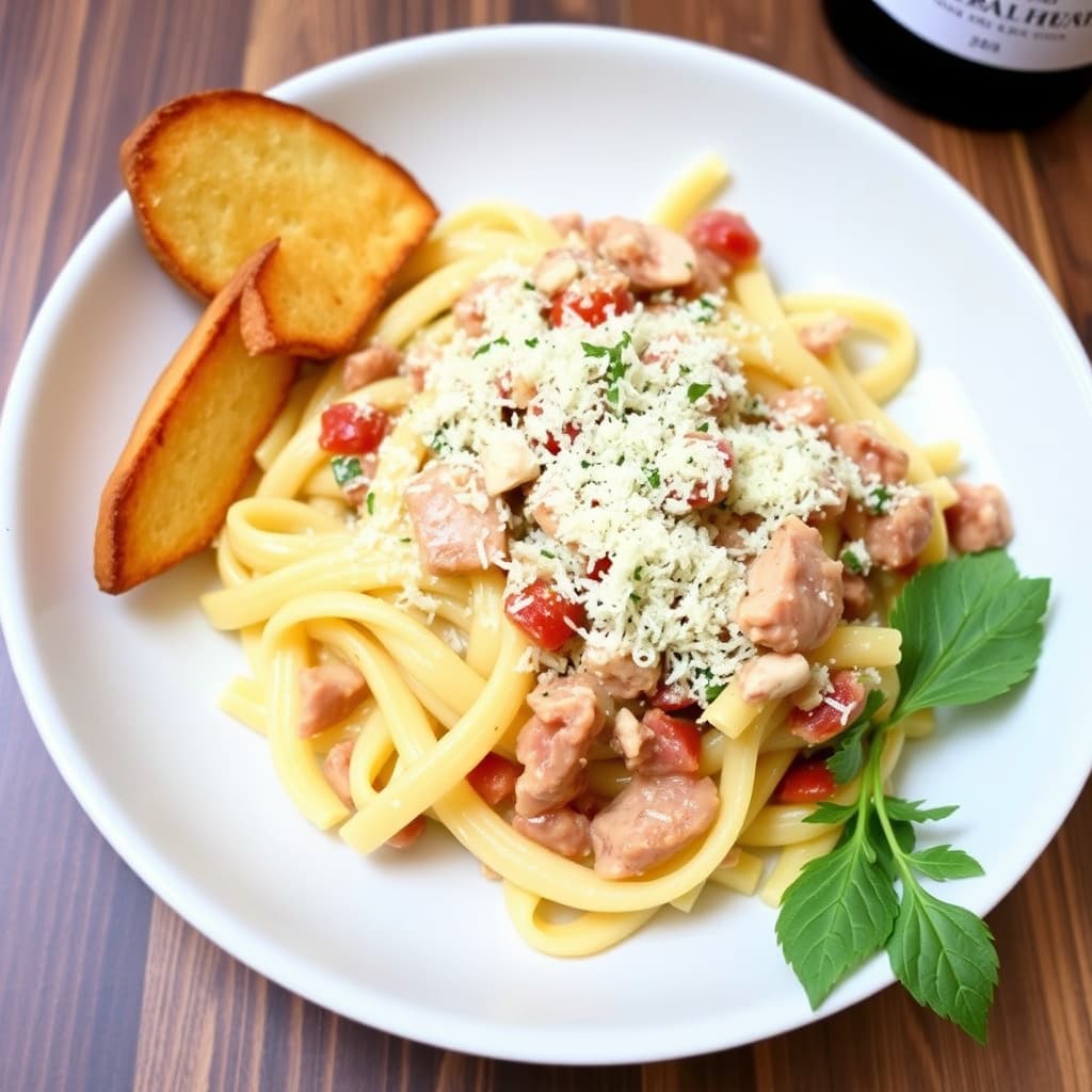 Penne med pancetta, tunfisk og hvitvin