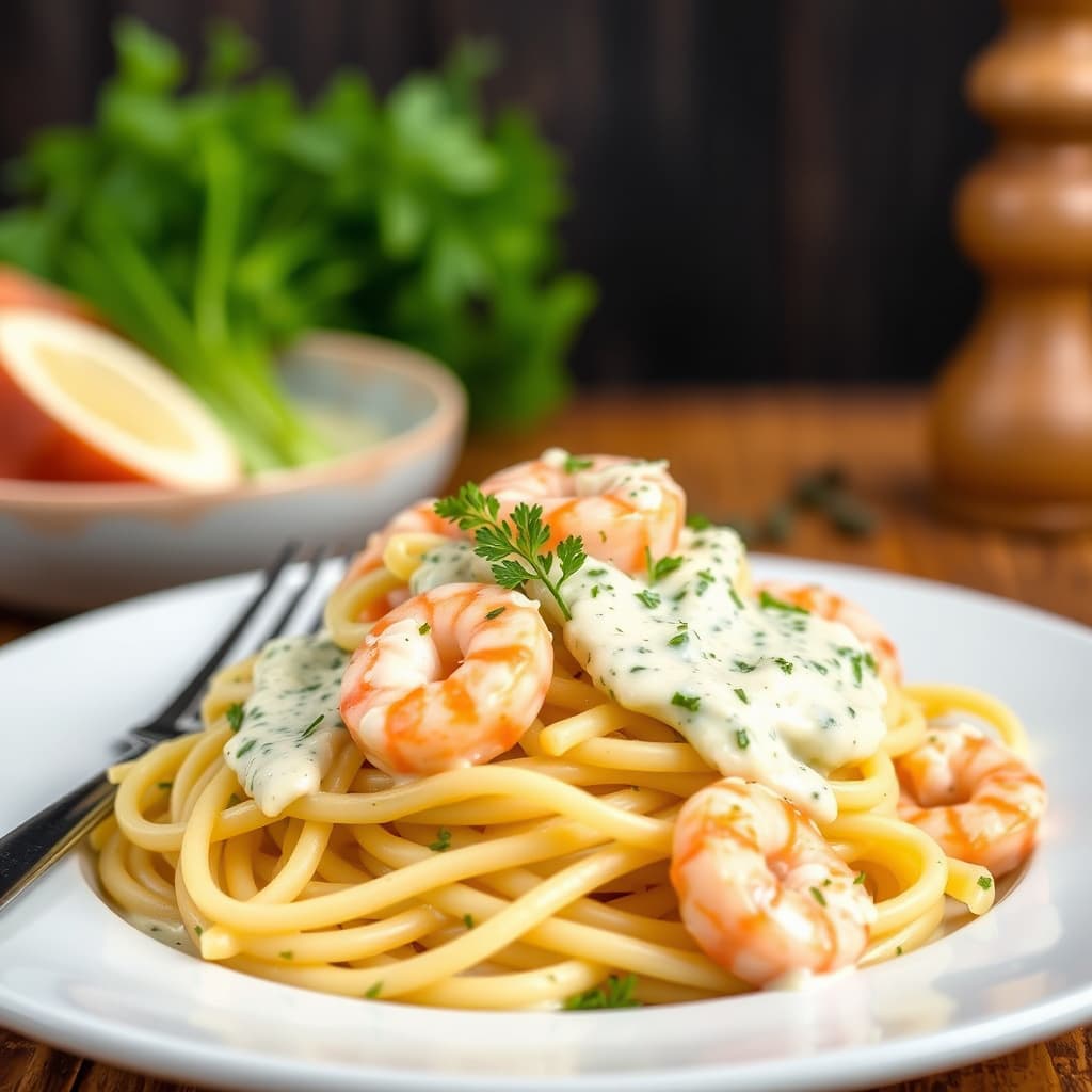 Penne med reker og urtesaus med krem