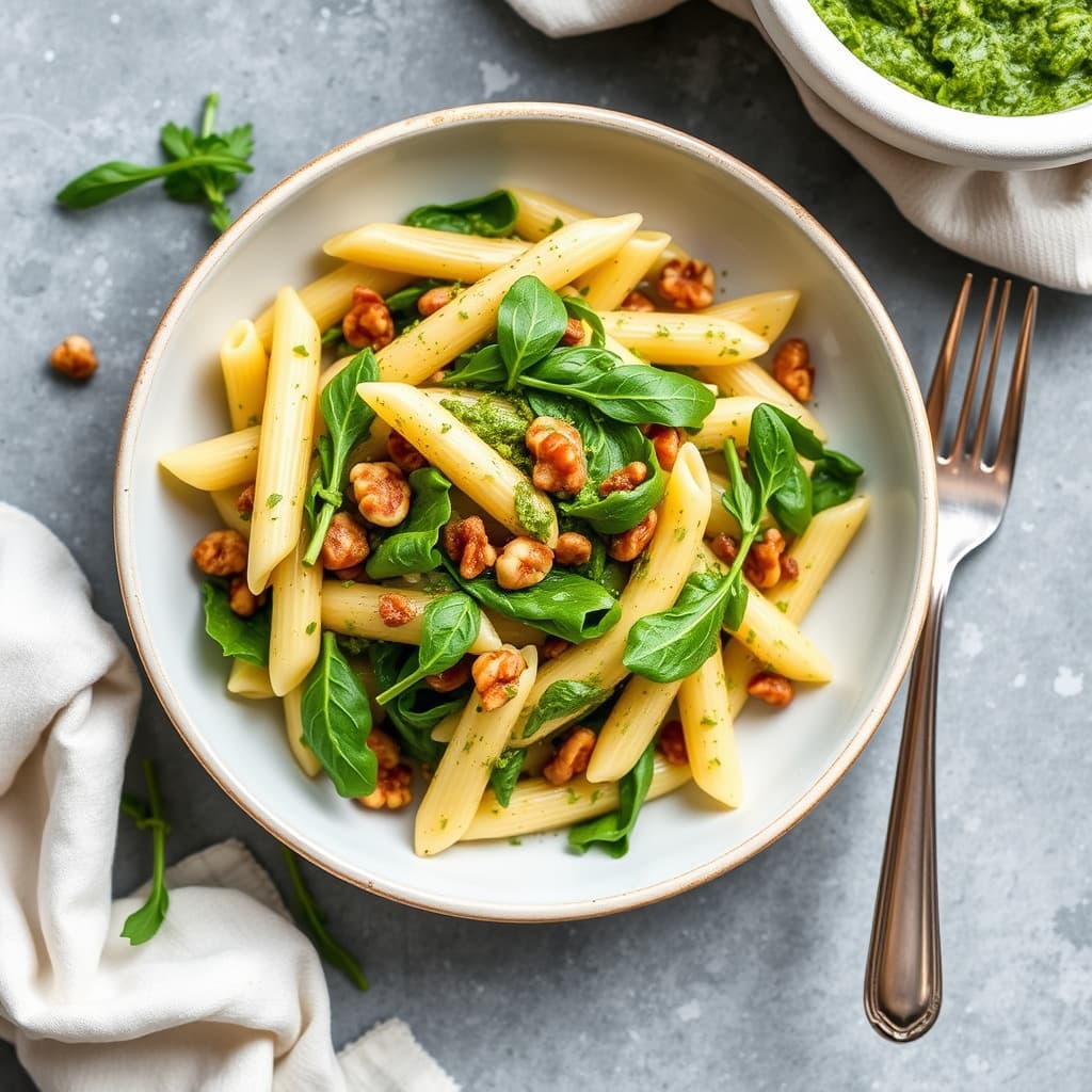 Penne med ruccola og valnøttpesto