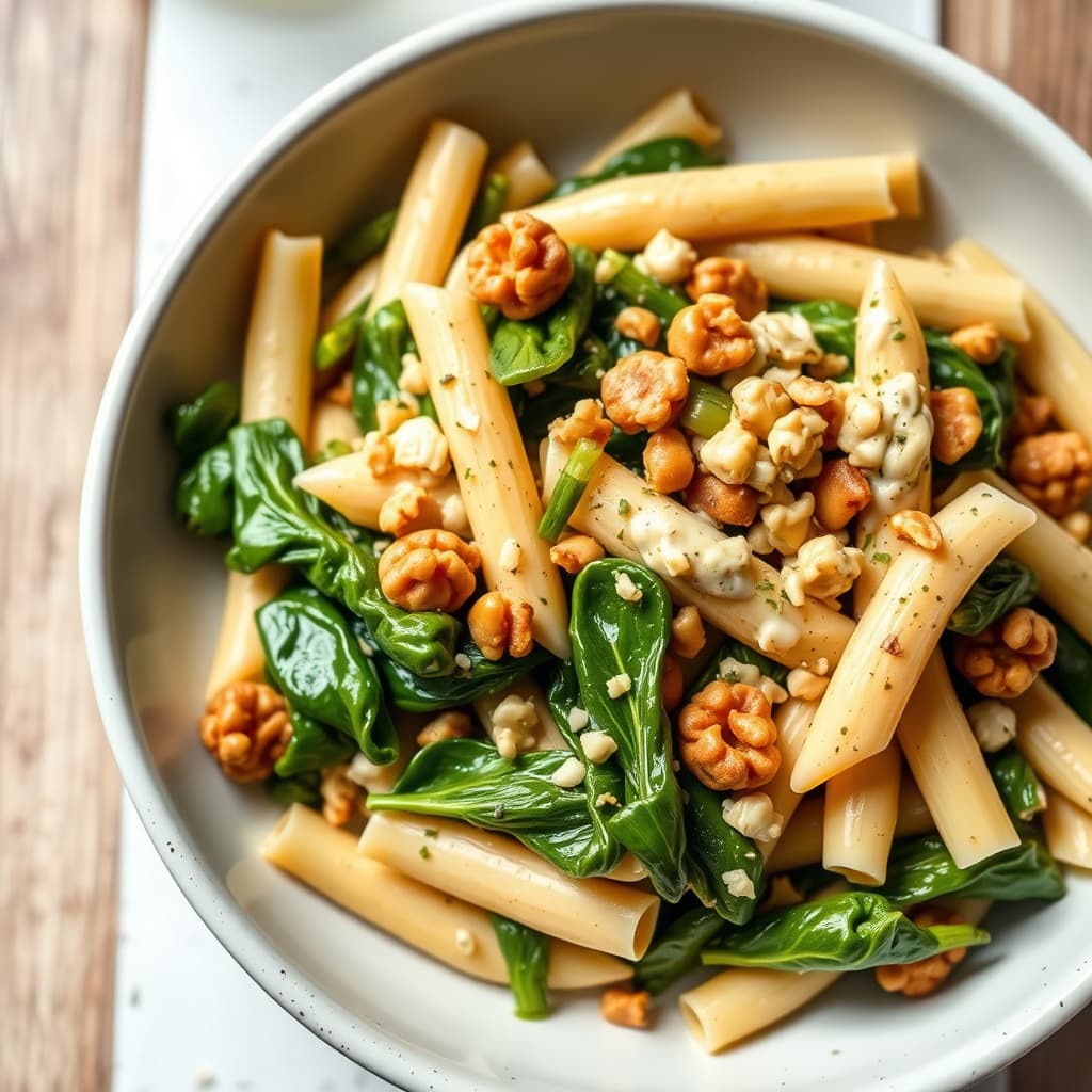 Penne med sveitsisk kål og purre i en valnøttkremsaus