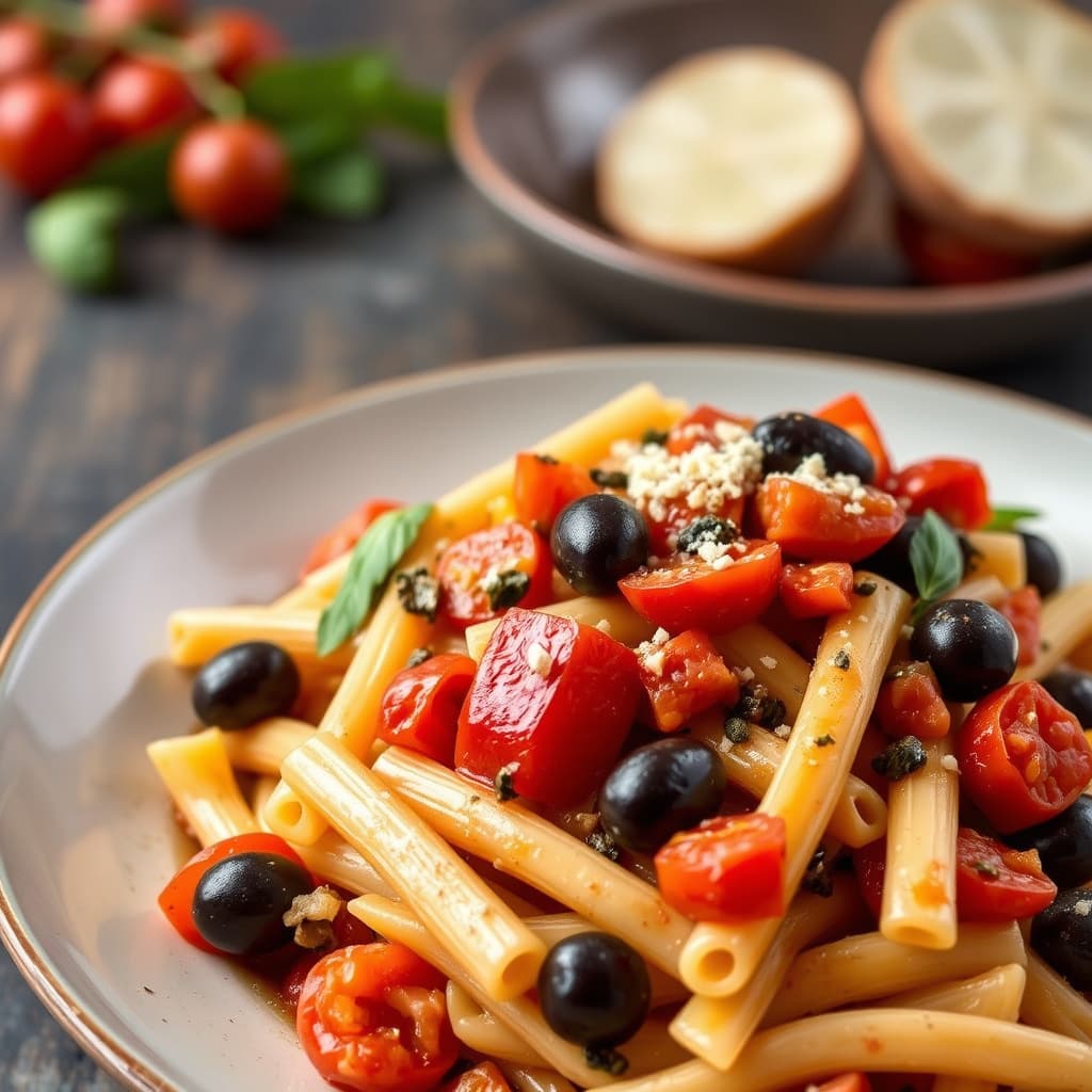 Penne med tomater, oliven og kapers